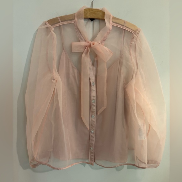 White House Black Market Sheer Pink Blouse with Rhinestone buttons - Picture 1 of 11
